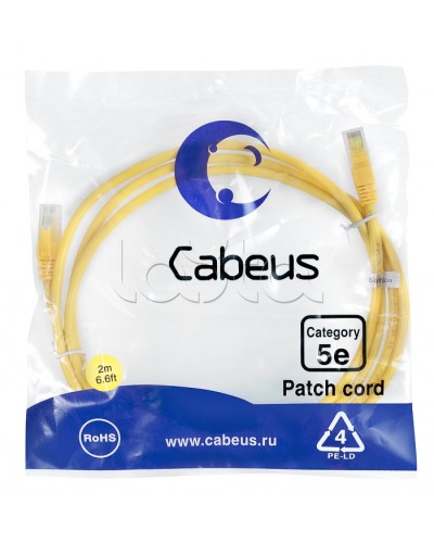 Патч-корд UTP, категория 5e, 2 м, неэкранированный, желтый Cabeus PC-UTP-RJ45-Cat.5e-2m-YL во Владивостоке Патчкорды (медные) Pintop.ru