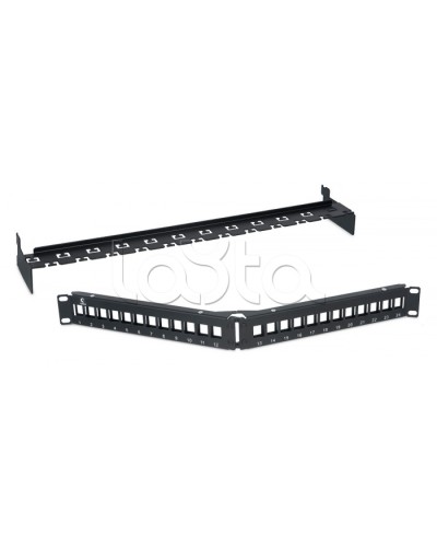 Патч-панель угловая модульная 19, 1U, 24 порта RJ-45, для неэкранированных модулей, с задним кабельным организатором (без модулей) Cabeus PLB-24-CON во Владивостоке Патч панель Pintop.ru