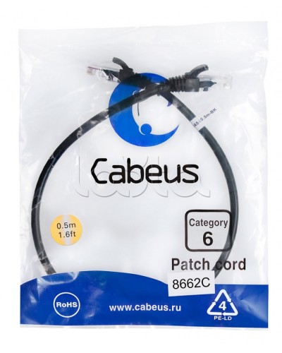 Патч-корд UTP, категория 6, 0.5 м, неэкранированный, черный Cabeus PC-UTP-RJ45-Cat.6-0.5m-BK во Владивостоке Патчкорды (медные) Pintop.ru