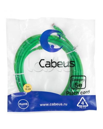 Патч-корд UTP, категория 5е, 5 м, неэкранированный, зеленый Cabeus PC-UTP-RJ45-Cat.5e-5m-GN во Владивостоке Патчкорды (медные) Pintop.ru