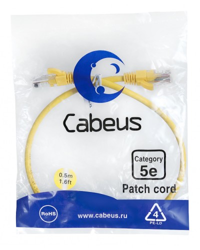 Патч-корд UTP, категория 5e, 0.5 м, неэкранированный, желтый Cabeus PC-UTP-RJ45-Cat.5e-0.5m-YL во Владивостоке Патчкорды (медные) Pintop.ru