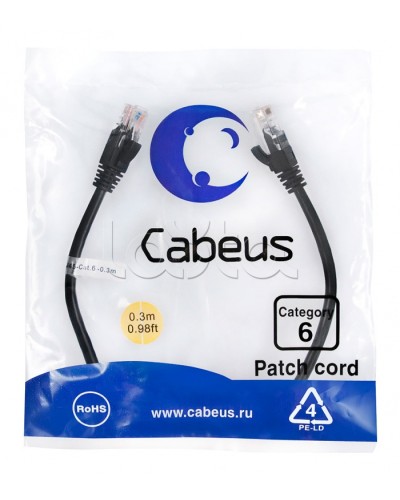 Патч-корд UTP, категория 6, 0.3 м, неэкранированный, черный Cabeus PC-UTP-RJ45-Cat.6-0.3m-BK во Владивостоке Патчкорды (медные) Pintop.ru