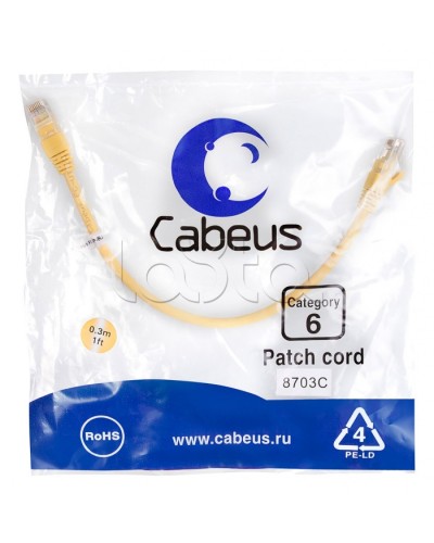 Патч-корд UTP, категория 6, 0.3 м, неэкранированный, желтый Cabeus PC-UTP-RJ45-Cat.6-0.3m-YL во Владивостоке Патчкорды (медные) Pintop.ru