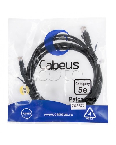 Патч-корд медный U/UTP кат.5е (3м) LSZH (черный) Cabeus (PC-UTP-RJ45-Cat.5e-3m-BK-LSZH) во Владивостоке Патчкорды (медные) Pintop.ru
