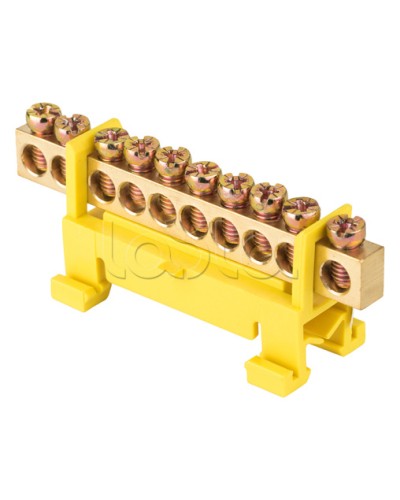 Шина 0 PE (6х9мм) 10 отверстий латунь желтый изолятор тип Стойка на DIN-рейку EKF PROxima (sn0-63-10-sy) во Владивостоке Клеммные колодки Pintop.ru