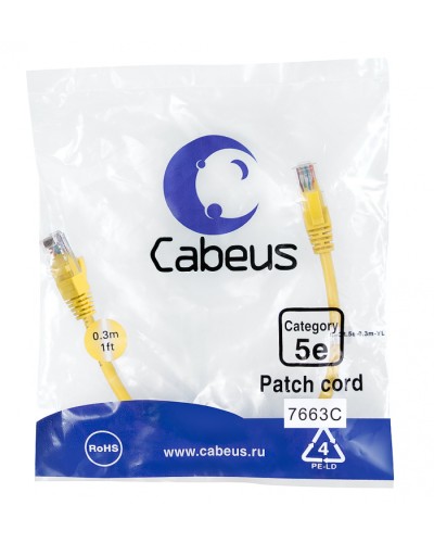 Патч-корд UTP, категория 5e, 0.3 м, неэкранированный, желтый Cabeus PC-UTP-RJ45-Cat.5e-0.3m-YL во Владивостоке Патчкорды (медные) Pintop.ru