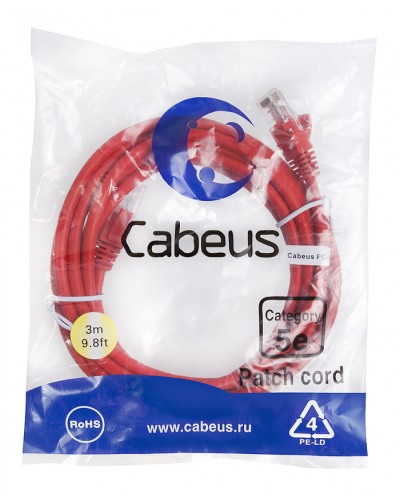 Патч-корд медный U/UTP кат.5е (3м) LSZH (красный) Cabeus (PC-UTP-RJ45-Cat.5e-3m-RD-LSZH) во Владивостоке Патч-корды и пигтейлы Pintop.ru