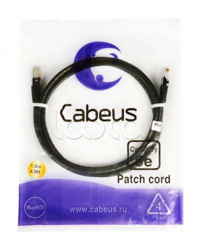 Патч-корд 2xRJ-45/8P8C U/UTP кат.5е (2 м) Cabeus PC-UTP-RJ45-CAT.5E-2M-BK во Владивостоке Патчкорды (медные) Pintop.ru