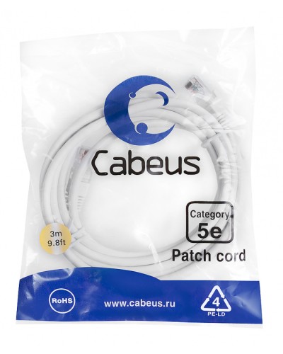 Патч-корд медный U/UTP категория 5е (3м) LSZH (белый) Cabeus (PC-UTP-RJ45-Cat.5e-3m-WH-LSZH) во Владивостоке Патчкорды (медные) Pintop.ru