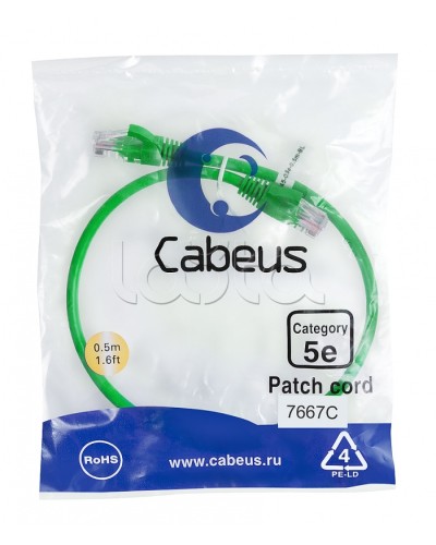 Патч-корд UTP, категория 5e, 0.5 м, неэкранированный, зеленый Cabeus PC-UTP-RJ45-Cat.5e-0.5m-GN во Владивостоке Патчкорды (медные) Pintop.ru