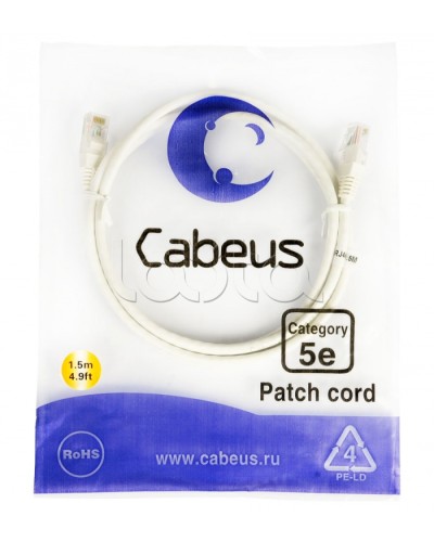 Шнур коммутационный RJ-45 кат.5е (1.5 м) Cabeus PC-UTP-RJ45-Cat.5e-1.5m-WH во Владивостоке Патчкорды (медные) Pintop.ru