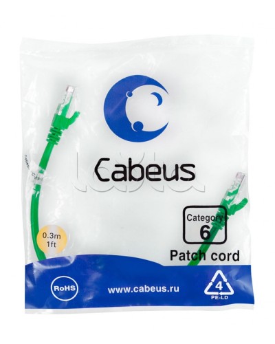 Патч-корд UTP, категория 6, 0.3 м, неэкранированный, зеленый Cabeus PC-UTP-RJ45-Cat.6-0.3m-GN во Владивостоке Патчкорды (медные) Pintop.ru