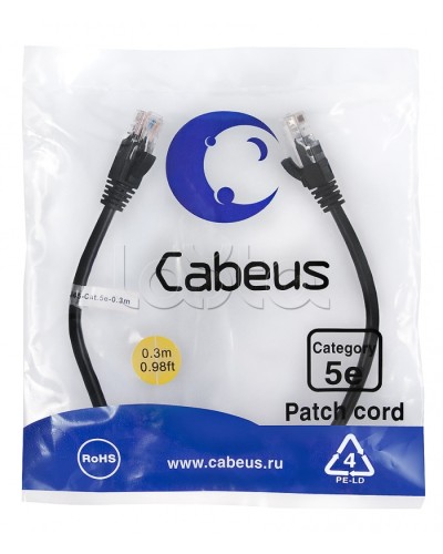 Патч-корд медный U/UTP кат.5е (0,3м) LSZH (черный) Cabeus (PC-UTP-RJ45-Cat.5e-0.3m-BK-LSZH) во Владивостоке Патчкорды (медные) Pintop.ru