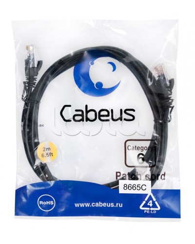 Патч-корд UTP, категория 6, 2 м, неэкранированный, черный Cabeus PC-UTP-RJ45-Cat.6-2m-BK во Владивостоке Патчкорды (медные) Pintop.ru