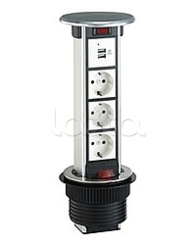 Блок розеточный встраеваемый в стол, 4 поста (45х45) IP54, с выключателем нагрузки (алюм+нерж.сталь) Экопласт 70334 во Владивостоке Блоки розеток Pintop.ru