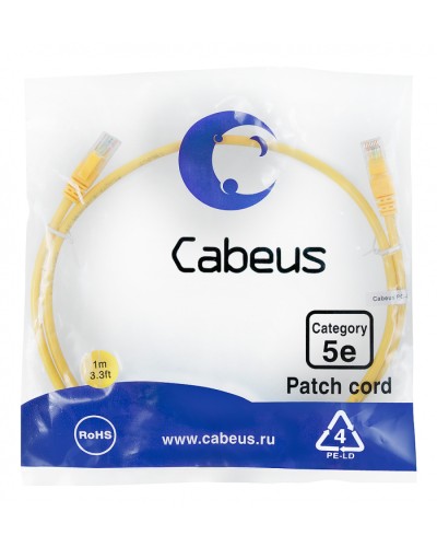 Патч-корд UTP, категория 5e, 1 м, неэкранированный, желтый Cabeus PC-UTP-RJ45-Cat.5e-1m-YL во Владивостоке Патчкорды (медные) Pintop.ru