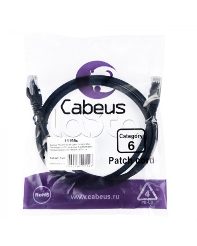 Патч-корд U/UTP, категория 6, 2xRJ45/8p8c, неэкранированный, черный, LSZH, 1м Cabeus (PC-UTP-RJ45-Cat.6-1m-BK-LSZH) во Владивостоке Патчкорды (медные) Pintop.ru