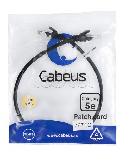 Патч-корд UTP, категория 5e, 0.5 м, неэкранированный, черный Cabeus PC-UTP-RJ45-Cat.5e-0.5m-BK во Владивостоке Патчкорды (медные) Pintop.ru